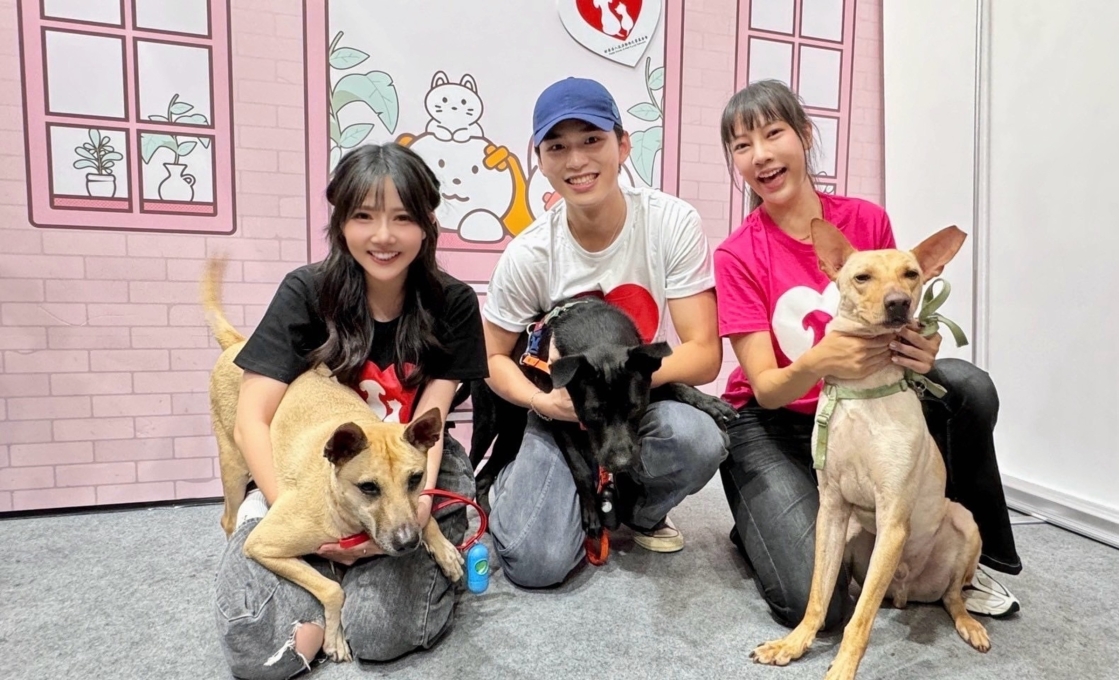 5.蔡衣宸（左起）、王品澔、艾庭呼籲大家愛心認養毛小孩。（流浪動物之家基金會提供）
