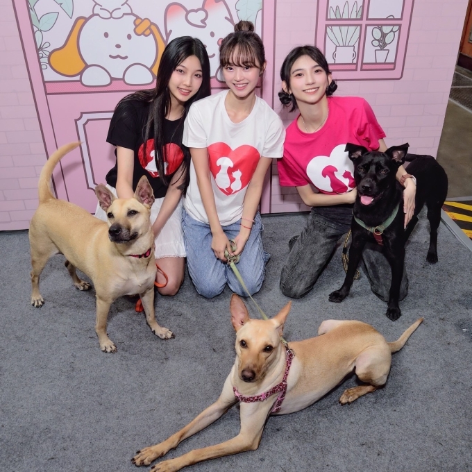4. 采婕（左起）、Emma、子筑出席寵物展做公益。（流浪動物之家基金會提供）